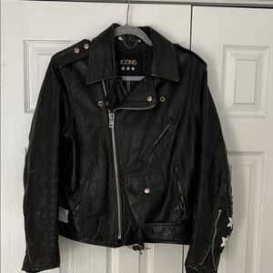 ICONS Barneys New York Distressed Black Leather Motorcycle Jacket Small